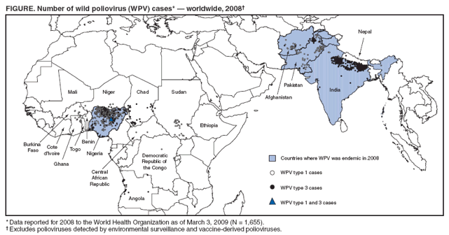 FIGURE. Number of wild poliovirus (WPV) cases* ?worldwide, 2008? width=