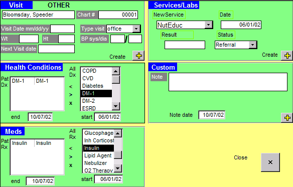This screen capture depicts the New Visit Form in the Chronic Disease Electronic Management System. The form allows the user to enter information about each patient, including, from the top left, in a section called 搗isit,?the patient抯 name, chart number, visit date, visit type, weight, height, blood pressure, and next visit date. In the next section down on the left, called 揾ealth conditions,?the user can enter patient diagnosis chosen from a drop-down list and a start and end date. The last section on the left, called 搈eds,?allows the user to choose what medicines a patient is taking from a drop-down list and a start and end date. On the upper right of the screen capture is a section called 搒ervices/labs,?where the user can choose a new service from a drop-down list, the date of the service, whether the patient is being referred elsewhere for the service, and the result. Below that is a final section called 揷ustom,?for notes.