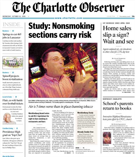 Front page of the Charlotte Observer newspaper, with a large headline near the top center of the page that reads, 揝tudy: Nonsmoking sections carry risk.?There is a photograph of a man lighting a cigarette. A subheading reads, 揂ir is 5 times worse than in places banning tobacco.? width=