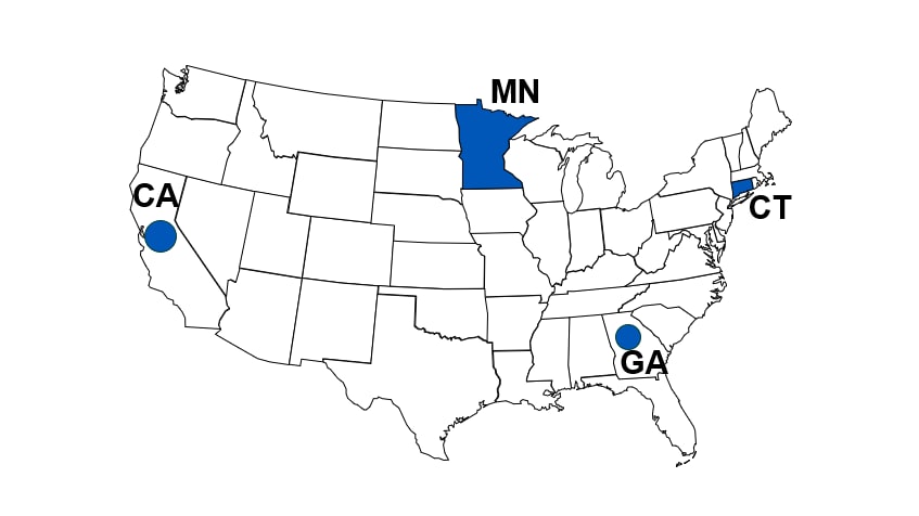 U.S. map of early-onset neonatal sepsis surveillance participating sites, including California, Connecticut, Georgia, and Minnesota.