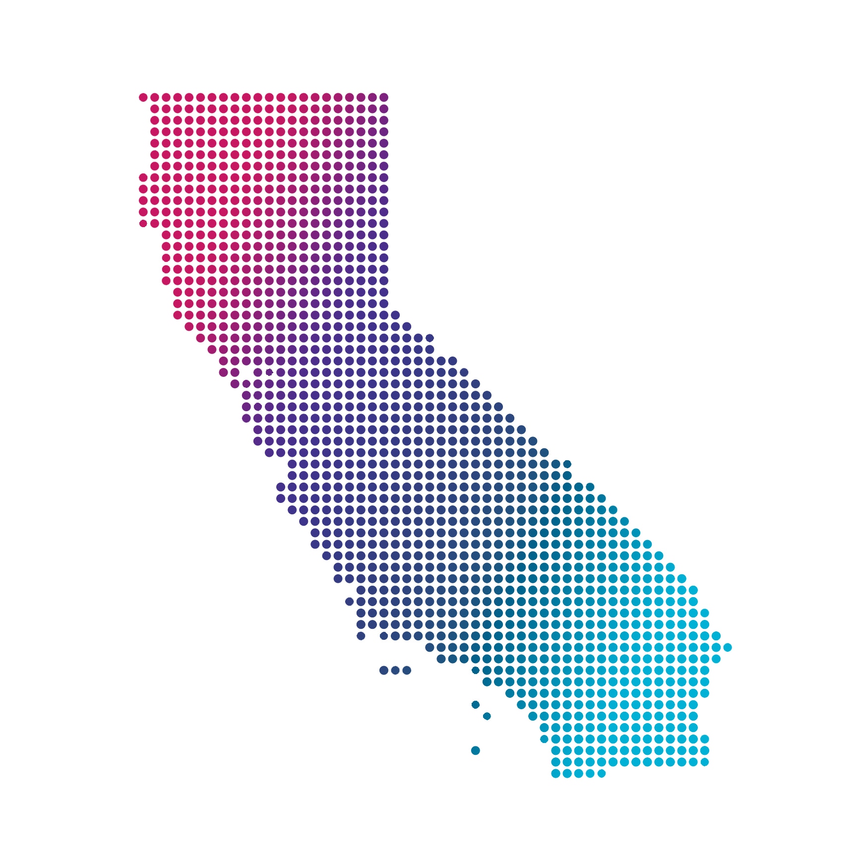California map of blue dots on white background California map of blue dots on white background