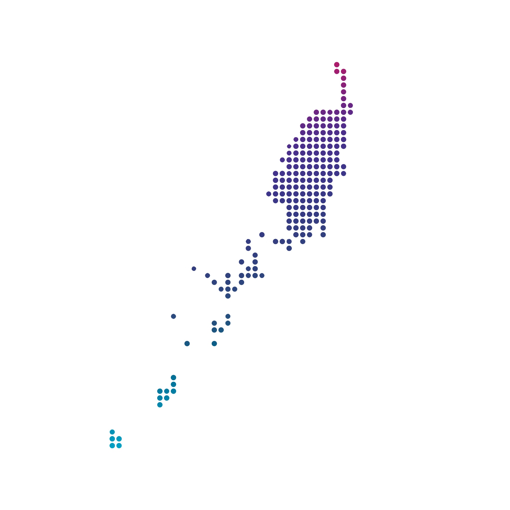 Palau map of blue dots on white background Decorative: Shape of Palau made of dots