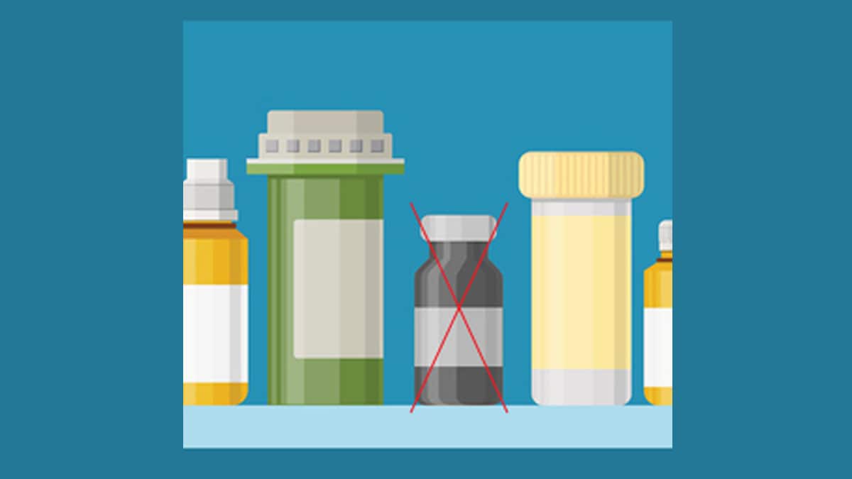 drug-resistant-parasites-1200 An illustration of a row of medicine bottles that are varying sizes and colors including yellow, green, and brown. The brown bottle has a red X superimposed on it to indicate that the medicine is not effective.