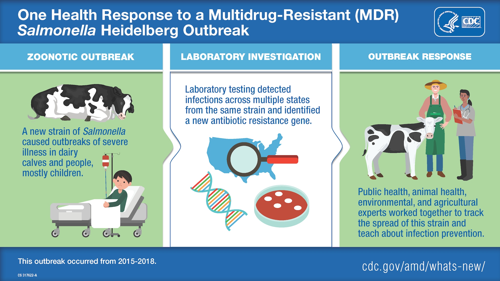 One Health Response to a Multidrug-Resistant (MDR) Salmonella Heidelberg Outbreak 3 panels - 1st panel shows a sick calf and a child in a hospital bed, 2nd panel shows testing images, 3rd panel shows a farmer and vet with a cow