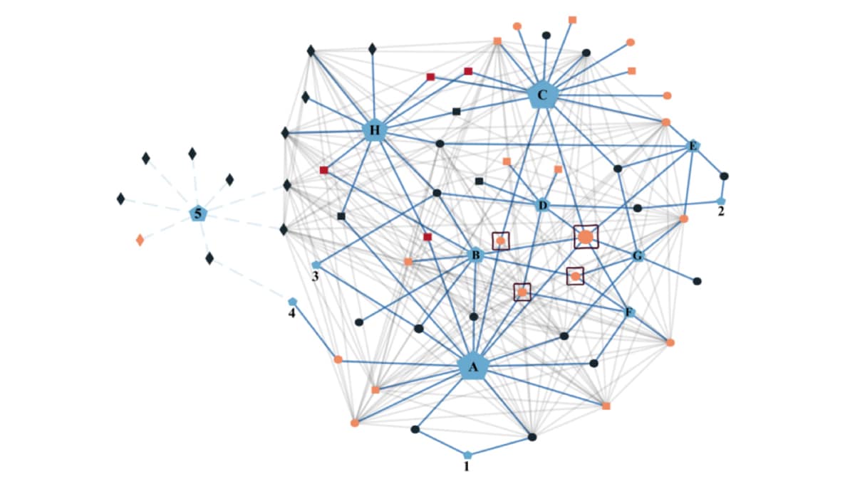 Microbetrace software Diagram of shapes that represent people and places with connecting lines based on data type.
