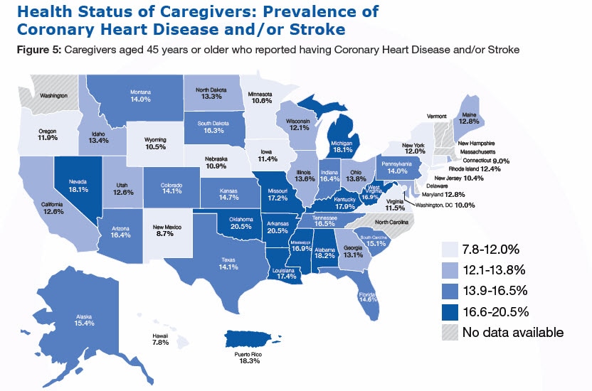 caregiver-figure5-map Percentage of Adults with Multiple Chronic Diseases and Subjective Cognitive Decline, Figure 5: Adults 45 years of age and older with Subjective Cognitive Decline who reported having 2 or more chronic diseases including coronary heart disease and/or stroke (%26#37;) Alabama-72.4%26#37; Alaska-57.3%26#37; Arizona-67.6%26#37; Arkansas-67.1%26#37; California-55.3%26#37; Colorado-62.8%26#37; Connecticut-66.1%26#37; Delaware-69.8%26#37; Florida-69.4%26#37; Georgia-64.1%26#37;, Hawaii-55.2, Idaho-64.5, Illinois-71.1, Indiana-70.1, Iowa-62.8, Kansas-69.9, Kentucky-82.7, Louisiana-67.1, Maine-69.9, Maryland-60.6, Massachusetts-61.3, Michigan-68.1, Minnesota-59.5, Mississippi-75.6, Missouri-73.6, Montana-65.1, Nebraska-61.9, Nevada-63.8, New Hampshire-65.0, New Jersey-65.3, New Mexico-65.3, New York-66.2, North Carolina-69.2, North Dakota-63.0, Ohio-70.2, Oklahoma-72.9, Oregon-67.2, Pennsylvania - No data available, Rhode Island-63.5, South Carolina-75.6, South Dakota-62.0, Tennessee-75.6, Texas-63.7, Utah-64.5, Vermont-64.1, Virginia-66.5, Washington-66.2, West Virginia-79.4, Wisconsin-59.9, Wyoming-57.9, Washington, DC-63.2, Puerto Rico-69.3
