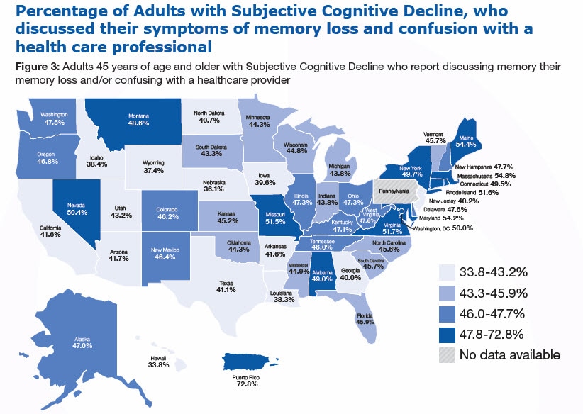 cognitive-decline-figure3-map Percentage of Adults with Subjective Cognitive Decline, who discussed their symptoms of memory loss and confusion with a health care professional, Figure 3: Adults 45 years of age and older with Subjective Cognitive Decline who report discussing memory their memory loss and/or confusing with a healthcare provider (%26#37;) Alabama-49.0%26#37; Alaska-47.0%26#37; Arizona-41.7%26#37; Arkansas-41.6%26#37; California-41.6%26#37; Colorado-46.2%26#37; Connecticut-49.5%26#37; Delaware-47.6%26#37; Florida-45.9%26#37; Georgia-40.0%26#37; Hawaii-33.8, Idaho-38.4, Illinois-47.3, Indiana-43.8, Iowa-39.6, Kansas-45.2, Kentucky-47.1, Louisiana-38.3, Maine-54.4, Maryland-54.2, Massachusetts-54.8, Michigan-43.8, Minnesota-44.3, Mississippi-44.9, Missouri-51.5, Montana-48.6, Nebraska-36.1, Nevada-50.4, New Hampshire-47.7, New Jersey-40.2, New Mexico-46.4, New York-49.7, North Carolina-45.6, North Dakota-40.7, Ohio-47.3, Oklahoma-44.3, Oregon-46.8, Pennsylvania - No data available, Rhode Island-51.6, South Carolina-45.7, South Dakota-43.3, Tennessee-46.0, Texas-41.1, Utah-43.2, Vermont-45.7, Virginia-51.7, Washington-47.5, West Virginia-47.6, Wisconsin-44.8, Wyoming-37.4, Washington, DC-50.0, Puerto Rico-72.8