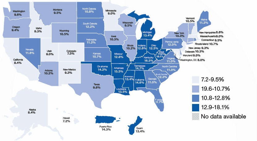 Figure 1: Adults Aged 45 years and Older Who Reported Having Coronary Heart Disease Characteristics of Middle-Aged and Older Adults with Coronary Heart Disease, Figure 1: Adults aged 45 years or older who reported having coronary heart disease in US (%) Alabama-14.6, Alaska-8.4, Arizona-10.2, Arkansas-15.5, California-8.4, Colorado-7.5, Connecticut-9.5, Delaware-10.3, Florida-11.7, Georgia-11.0, Hawaii-7.2, Idaho-9.3, Illinois-10.2, Indiana-12.6, Iowa-10.3, Kansas-10.7, Kentucky-16.5, Louisiana-13.5, Maine-11.3, Maryland-9.0, Massachusetts-9.0, Michigan-13.4, Minnesota-9.0, Mississippi-13.4, Missouri-12.8, Montana-9.5, Nebraska-11.2, Nevada-11.6, New Hampshire - 8.6, New Jersey-9.3, New Mexico-9.3, New York-10.3, North Carolina - 11.0, North Dakota-10.8, Ohio-12.5, Oklahoma-14.2, Oregon-9.4, Pennsylvania-12.0, Rhode Island-10.7, South Carolina-12.3, South Dakota-12.2, Tennessee-14.7, Texas-9.8, Utah-9.0, Vermont - 10.5, Virginia-11.0, Washington - 9.6, West Virginia-18.1, Wisconsin-9.5, Wyoming-10.5, Washington, DC-8.0, Guam-13.4, Puerto Rico-14.3