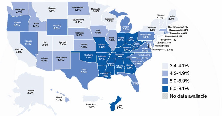 Figure 2: Adults Aged 45 years and Older Who Reported Having Had a Stroke Characteristics of Middle-Aged and Older Adults with a Stroke, Figure 2: Adults Aged 45 years and Older Who Reported Having Had a Stroke in US (%) Alabama-7.7, Alaska-3.8, Arizona-4.7, Arkansas-8.1, California-3.9, Colorado-3.4, Connecticut-4.0, Delaware-5.7, Florida-5.7, Georgia-6.1, Hawaii-4.7, Idaho-4.6, Illinois-4.6, Indiana-6.1, Iowa-4.9, Kansas-4.8, Kentucky-7.3, Louisiana-7.6, Maine-3.7, Maryland-4.6, Massachusetts-4.8, Michigan-5.7, Minnesota-3.9, Mississippi-7.8, Missouri-6.6, Montana-4.1, Nebraska-5.0, Nevada-5.1, New Hampshire - 3.7, New Jersey-4.1, New Mexico-4.3, New York-4.1, North Carolina - 5.7, North Dakota-4.5, Ohio-6.0, Oklahoma-7.2, Oregon-5.1, Pennsylvania-5.9, Rhode Island-5.1, South Carolina-5.9, South Dakota-3.9, Tennessee-7.0, Texas-5.5, Utah-3.8, Vermont-4.1, Virginia-5.1, Washington - 4.7, West Virginia-6.7, Wisconsin-3.7, Wyoming-5.6, Washington, DC-5.4, Guam-7.8, Puerto Rico-4.1