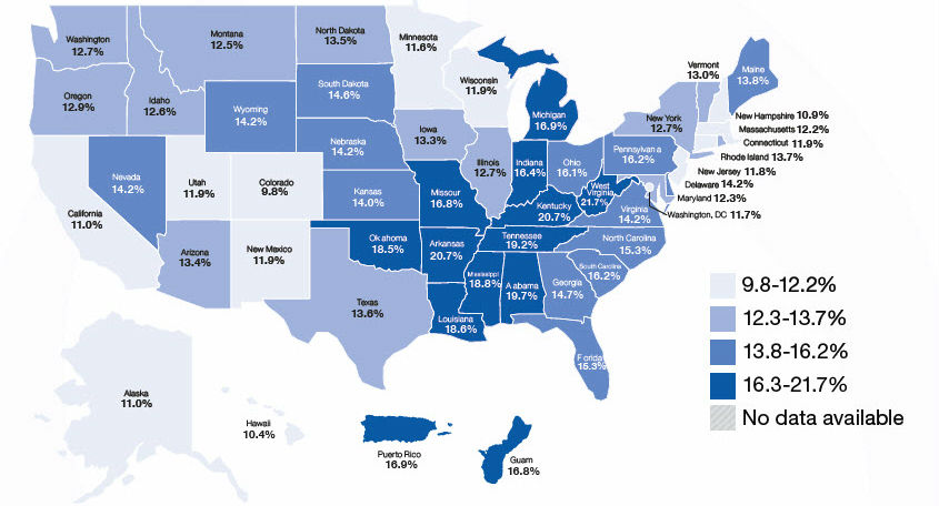 Figure 3: Adults Aged 45 years and Older Who Reported Having Had Coronary Heart Disease, or a Stroke, or Both Characteristics of Middle-Aged and Older Adults with Coronary Heart Disease, or a Stroke, or Both, Figure 3: Adults Aged 45 years and Older Who Reported Having Had Coronary Heart Disease, or a Stroke, or Both in US (%) Alabama-19.7, Alaska-11.0, Arizona-13.4, Arkansas-20.7, California-11.0, Colorado-9.8, Connecticut-11.9, Delaware-14.2, Florida-15.3, Georgia-14.7, Hawaii-10.4, Idaho-12.6, Illinois-12.7, Indiana-16.4, Iowa-13.3, Kansas-14.0, Kentucky-20.7, Louisiana-18.6, Maine-13.8, Maryland-12.3, Massachusetts-12.2, Michigan-16.9, Minnesota-11.6, Mississippi-18.8, Missouri-16.8, Montana-12.5, Nebraska-14.2, Nevada-14.2, New Hampshire - 10.9, New Jersey-11.8, New Mexico-11.9, New York-12.7, North Carolina - 15.3, North Dakota-13.5, Ohio-16.1, Oklahoma-18.5, Oregon-12.9, Pennsylvania-16.2, Rhode Island-13.7, South Carolina-16.2, South Dakota-14.6, Tennessee-19.2, Texas-13.6, Utah-11.9, Vermont-13.0, Virginia-14.2, Washington - 12.7, West Virginia-21.7, Wisconsin-11.9, Wyoming-14.2, Washington, DC-11.7, Guam-16.8, Puerto Rico-16.9