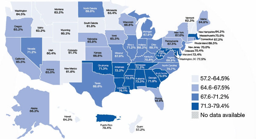 Figure 4: Adults Aged 45 years and Older with CHD, or a Stroke, or Both and Reported Taking High Blood Pressure Medicine Health Status: Taking Medications for High Blood Pressure Among Adults with CHD or a Stroke, or Both, Figure 4: Adults Aged 45 years and Older with CHD, or a Stroke, or Both and Reported Taking High Blood Pressure Medicine in US (%) Alabama-73.3, Alaska-66.3, Arizona-65.0, Arkansas-72.2, California-65.5, Colorado-61.1, Connecticut-67.2, Delaware-70.4, Florida-64.6, Georgia-71.9, Hawaii-64.3, Idaho-63.2, Illinois-71.2, Indiana-68.2, Iowa-65.5, Kansas-66.6, Kentucky-70.6, Louisiana-76.1, Maine-64.9, Maryland-72.4, Massachusetts-75.0, Michigan-67.9, Minnesota-63.4, Mississippi-73.3, Missouri-67.9, Montana-63.2, Nebraska-65.9, Nevada-71.2, New Hampshire - 64.2, New Jersey-70.0, New Mexico-61.6, New York-67.0, North Carolina - 70.7, North Dakota-69.6, Ohio-69.1, Oklahoma-71.3, Oregon-65.2, Pennsylvania-67.5, Rhode Island-69.5, South Carolina-73.5, South Dakota-61.8, Tennessee-72.2, Texas-68.6, Utah-60.4, Vermont-62.3, Virginia-69.9, Washington - 64.5, West Virginia-71.9, Wisconsin-66.6, Wyoming-60.3, Washington, DC-77.5, Guam-57.2, Puerto Rico-79.4