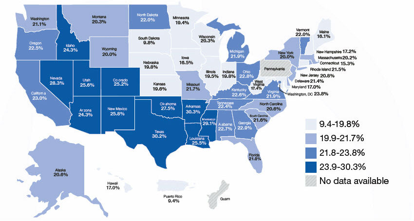 Figure 8: Percentage of Adults Aged 45 Years and Older with Coronary Heart Disease, or a Stroke, or Both Who had Subjective Cognitive Decline Health Status: Subjective Cognitive Decline, Figure 8: Percentage of Adults Aged 45 Years and Older with Coronary Heart Disease, or a Stroke, or Both Who had Subjective Cognitive Decline in US (%) Alabama-22.7, Alaska-20.6, Arizona-24.3, Arkansas-30.3, California-23.0, Colorado-25.2, Connecticut-15.3, Delaware-21.4, Florida-21.0, Georgia-22.9, Hawaii-17.0, Idaho-24.3, Illinois-19.5, Indiana-19.8, Iowa-16.5, Kansas-19.6, Kentucky-22.6, Louisiana-25.5, Maine-16.1, Maryland-17.0, Massachusetts-20.2, Michigan-21.9, Minnesota-19.4, Mississippi-29.1, Missouri-21.7, Montana-20.3, Nebraska-19.8, Nevada-28.3, New Hampshire-17.2, New Jersey-20.8, New Mexico-25.8, New York-20.0, North Carolina - 20.6, North Dakota-22.0, Ohio-22.8, Oklahoma-27.5, Oregon-22.5, Pennsylvania-No Data Available, Rhode Island-21.5, South Carolina-21.6, South Dakota-9.8, Tennessee-22.4, Texas-30.2, Utah-25.6, Vermont-22.0, Virginia-21.9, Washington-21.1, West Virginia-17.4, Wisconsin-20.3, Wyoming-20.0, Washington, DC-23.8, Guam-No Data Available, Puerto Rico-9.4