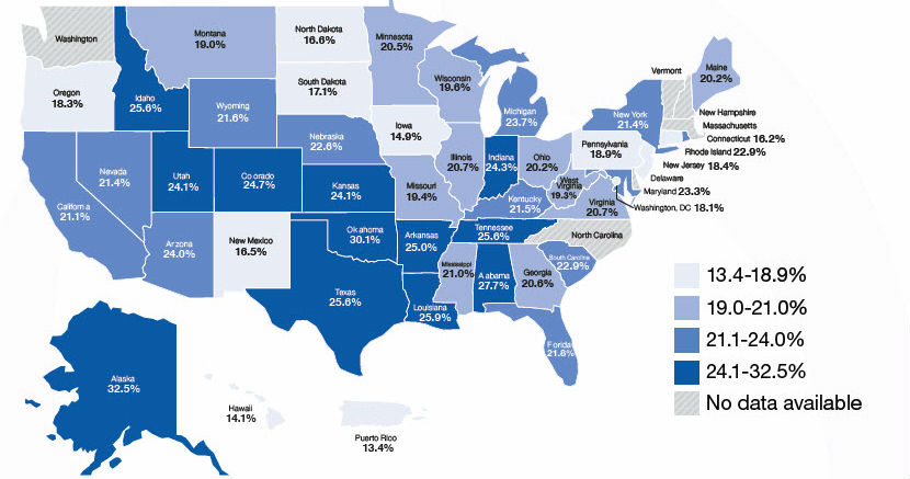 Figure 9: Adults Aged 45 years and Older with Coronary Heart Disease, or a Stroke, or Both Who Reported Being a Caregiver to Someone in the Past Month Prevalence of Coronary Heart Disease, or a Stroke, or Both Among Adult Caregivers, Figure 9: Adults Aged 45 years and Older with Coronary Heart Disease, or a Stroke, or Both Who Reported Being a Caregiver to Someone in the Past Month in US (%) Alabama-27.7, Alaska-32.5, Arizona-24.0, Arkansas-25.0, California-21.1, Colorado-24.7, Connecticut-16.2, Delaware-No Data Available, Florida-21.8, Georgia-20.6, Hawaii-14.1, Idaho-25.6, Illinois-20.7, Indiana-24.3, Iowa-14.9, Kansas-24.1, Kentucky-21.5, Louisiana-25.9, Maine-20.2, Maryland-23.3, Massachusetts-No Data Available, Michigan-23.7, Minnesota-20.5, Mississippi-21.0, Missouri-19.4, Montana-19.0, Nebraska-22.6, Nevada-21.4, New Hampshire-No Data Available, New Jersey-18.4, New Mexico-16.5, New York-21.4, North Carolina - No Data Available, North Dakota-16.6, Ohio-20.2, Oklahoma-30.1, Oregon-18.3, Pennsylvania-18.9, Rhode Island-22.9, South Carolina-22.9, South Dakota-17.1, Tennessee-25.6, Texas-25.6, Utah-24.1, Vermont-No Data Available, Virginia-20.7, Washington-No Data Available, West Virginia-19.3, Wisconsin-19.6, Wyoming-21.6, Washington, DC-18.1, Puerto Rico-13.4