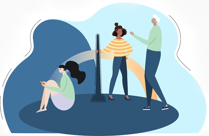 people on gauge or scale with woman holding the gauge needle
