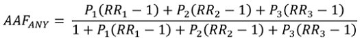 ARDI Methods Equation 2x (AAF)_ANY= (P_1 ((RR)_1-1)+P_2 ((RR)_2-1)+P_3 ((RR)_3-1))/(1+P_1 ((RR)_1-1)+P_2 ((RR)_2-1)+P_3((RR)_3-1))