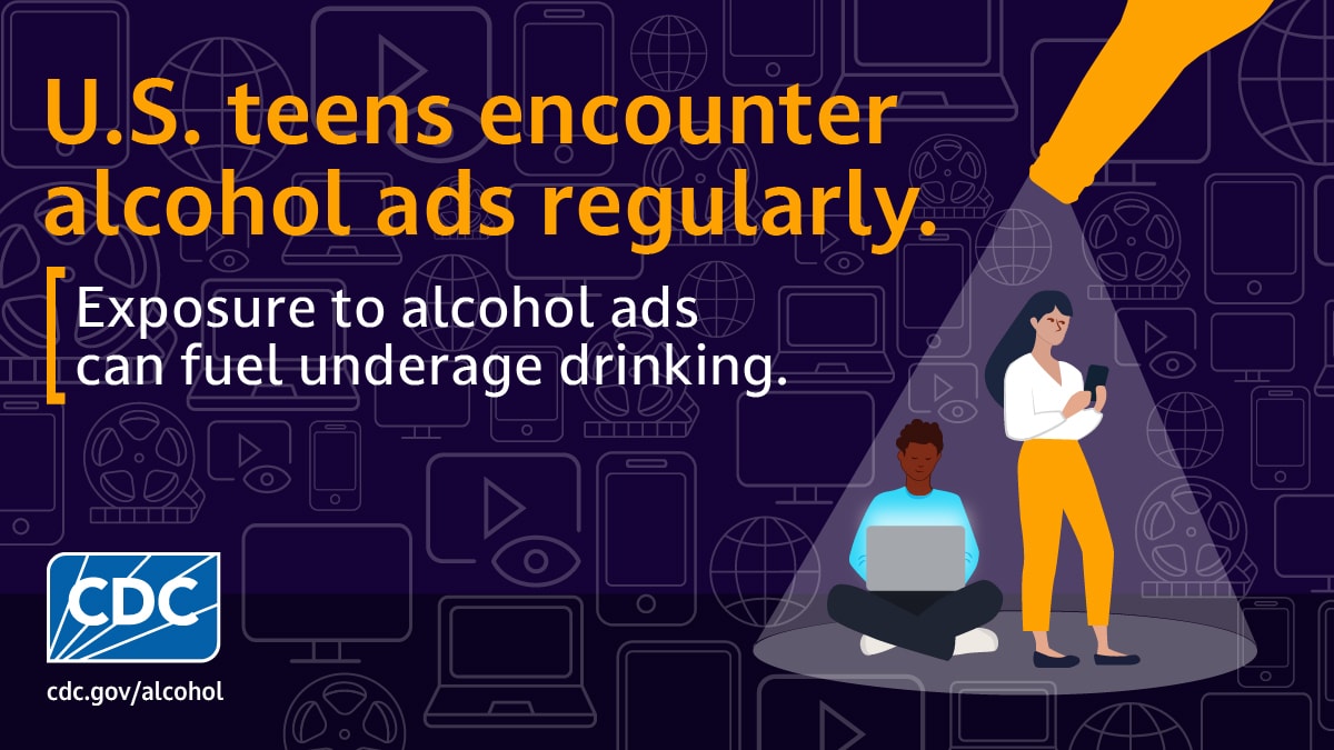 Youth Exposure to Alc Marketing Teens on laptop and phone with text, "U.S. teens encounter alcohol ads regularly. Exposure to alcohol ads can fuel underage drinking."