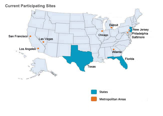 State Metro Map map of the United States with participating State-Metro ALS Surveillance sites