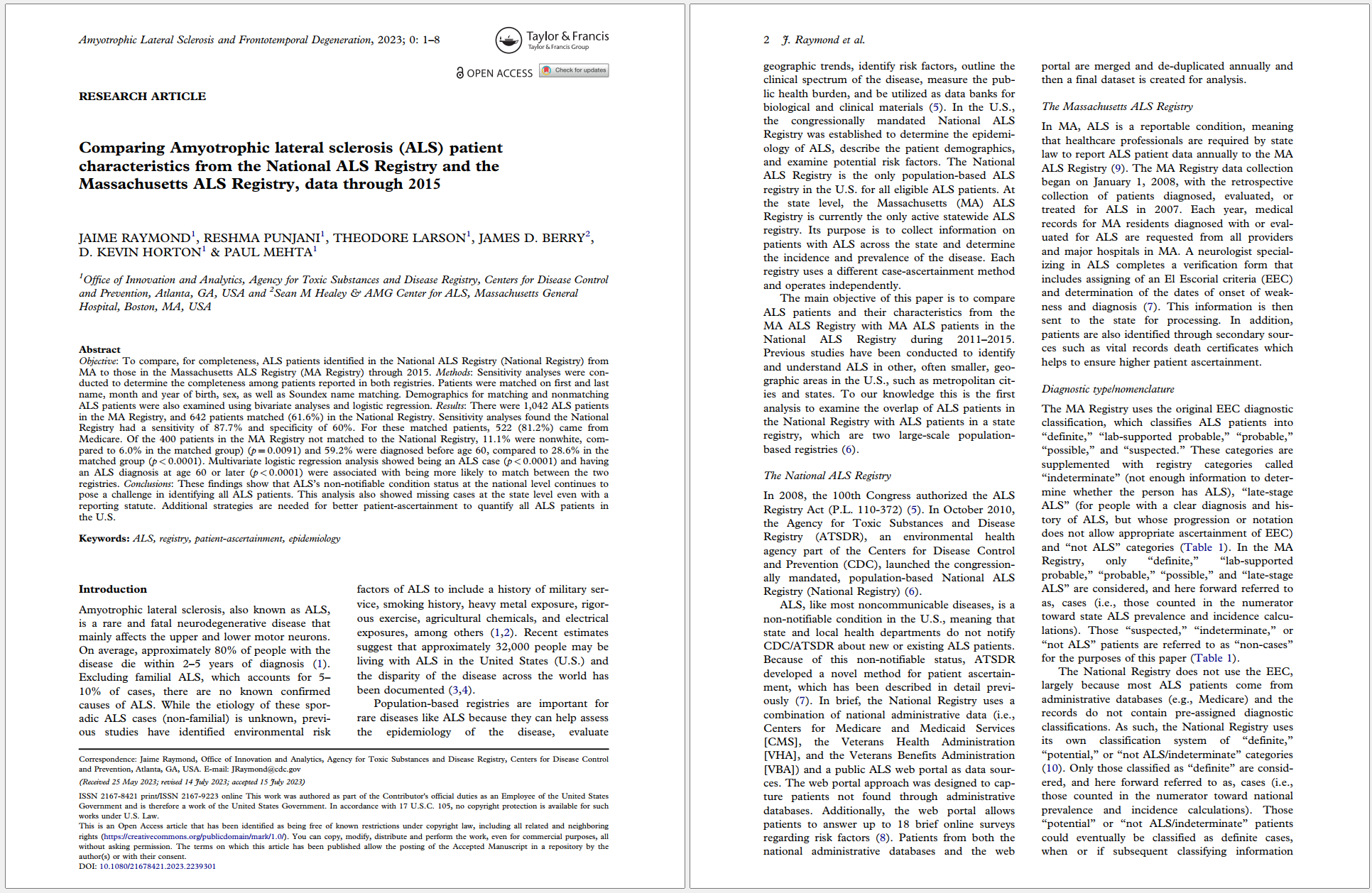 Raymond et. al. 2023 (MA Registry) Screenshot of the first two pages of Raymond MA Registry paper