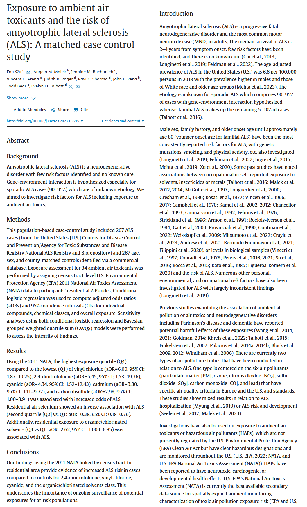 Wu et. al. 2023 Screenshot of the first two pages of Wu Ambient Air paper
