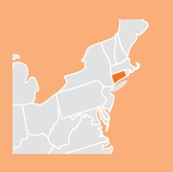 Illustrated image of map cropped to the SE region with Connecticut highlighted