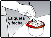 Imagen de la mano de una persona escribiendo la fecha y el contenido en la etiqueta de un recipiente que tiene lo que sobró de la mezcla de doxiciclina y agua.