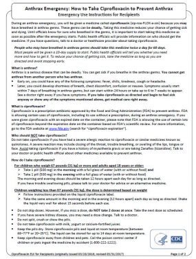 Anthrax Emergency: How to Take Ciprofloxacin to Prevent Anthrax Emergency Use Instructions for Recipients.