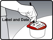 Image of person writing the date and description of contents on the label of a container that has leftover doxycycline and water mixture Image of person writing the date and description of contents on the label of a container that has leftover doxycycline and water mixture.