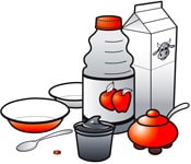 Suministros necesarios para preparar dosis de doxiciclina para niños y adultos que no puedan tragar pastillas. La imagen muestra 1 pastilla de doxiciclina; una cucharita; 2 tazones pequeños; un poco de agua potable; un alimento o bebida para hacer que la doxiciclina tenga mejor sabor (leche, pudín de chocolate, jugo de manzana, azúcar).