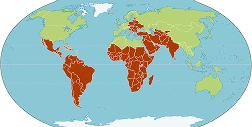 Mapa del mundo que muestra las secciones donde se puede encontrar ántrax en las regiones agrícolas.