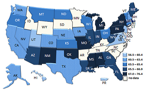 USA map showing Asthma Severity among Adults with Current Asthma