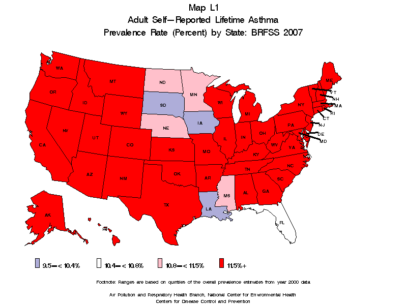 map L1 adult self reported lifetime asthma prevalence rate(percent) by state BRFSS 2007 