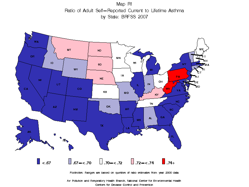 map R1 ratio of adult self reported current to lifetime asthma prevalence rate(percent) by state BRFSS 2007  