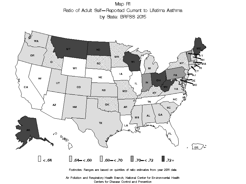 Adult self-reported lifetime asthma prevalence rate (percent) by state: BRFSS2015 AL 9.9%, AK 9.2%, AZ 9.3%, AR 10.1%, CA 7.7%, CO 9.0%, CT 10.5%, DE 9.2%, DC 10.6%, FL 7.4%, GA 9.2%, HI 10.0%, ID 9.1%, IL 8.4%, IN 10.2%, IA 7.6%, KS 8.7%, KY 11.9%, LA 8.2%, ME 11.2%, MD 8.8%, MA	10.2%, MI 10.2%, MN 7.4%, MS 7.8%, MO	9.6%, MT 8.9%, NE 7.2%, NV 8.1%, NH 10.1%, NJ	7.2%, NM 9.9%, NY 9.9%, NC  8.2%, ND 9.0%, OH 10.0%, OK 9.5%, OR	11.2%, PA 10.2%, RI 11%, SC 8.2%, SD 8.4%, TN 9.0%, TX	7.6%, UT 9.0%, VT 11.0%, VA 7.9%, WA	9.4%, WV 10.8%, WI 9.5%, WY 8.0%, Territories	GU 6.5%, PR10.2%