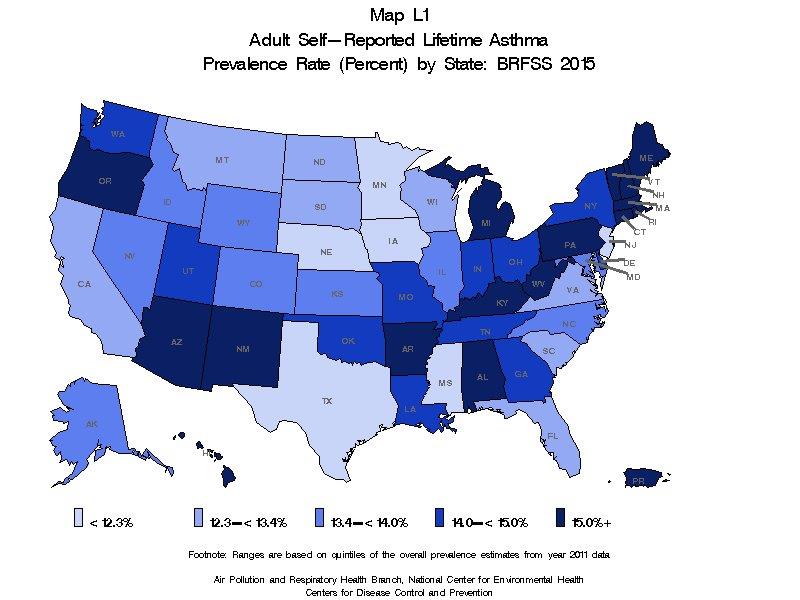 Adult self-reported current asthma prevalence rate (percent) by state: BRFSS2015 AL 9.9%, AK 9.2%, AZ 9.3%, AR 10.1%, CA 7.7%, CO 9.0%, CT 10.5%, DE 9.2%, DC 10.6%, FL 7.4%, GA 9.2%, HI 10.0%, ID 9.1%, IL 8.4%, IN 10.2%, IA 7.6%, KS 8.7%, KY 11.9%, LA 8.2%, ME 11.2%, MD 8.8%, MA	10.2%, MI 10.2%, MN 7.4%, MS 7.8%, MO	9.6%, MT 8.9%, NE 7.2%, NV 8.1%, NH 10.1%, NJ	7.2%, NM 9.9%, NY 9.9%, NC  8.2%, ND 9.0%, OH 10.0%, OK 9.5%, OR	11.2%, PA 10.2%, RI 11%, SC 8.2%, SD 8.4%, TN 9.0%, TX	7.6%, UT 9.0%, VT 11.0%, VA 7.9%, WA	9.4%, WV 10.8%, WI 9.5%, WY 8.0%, Territories	GU 6.5%, PR10.2%