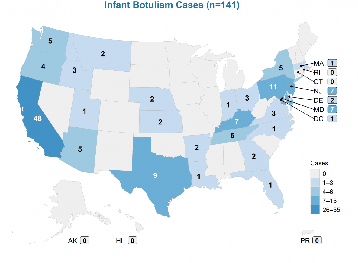 Infant Infant Botulism Cases (n=141). Infant botulism cases were reported from 26 states and the District of Columbia, with California reporting the most (n=48; 34%26#37;).