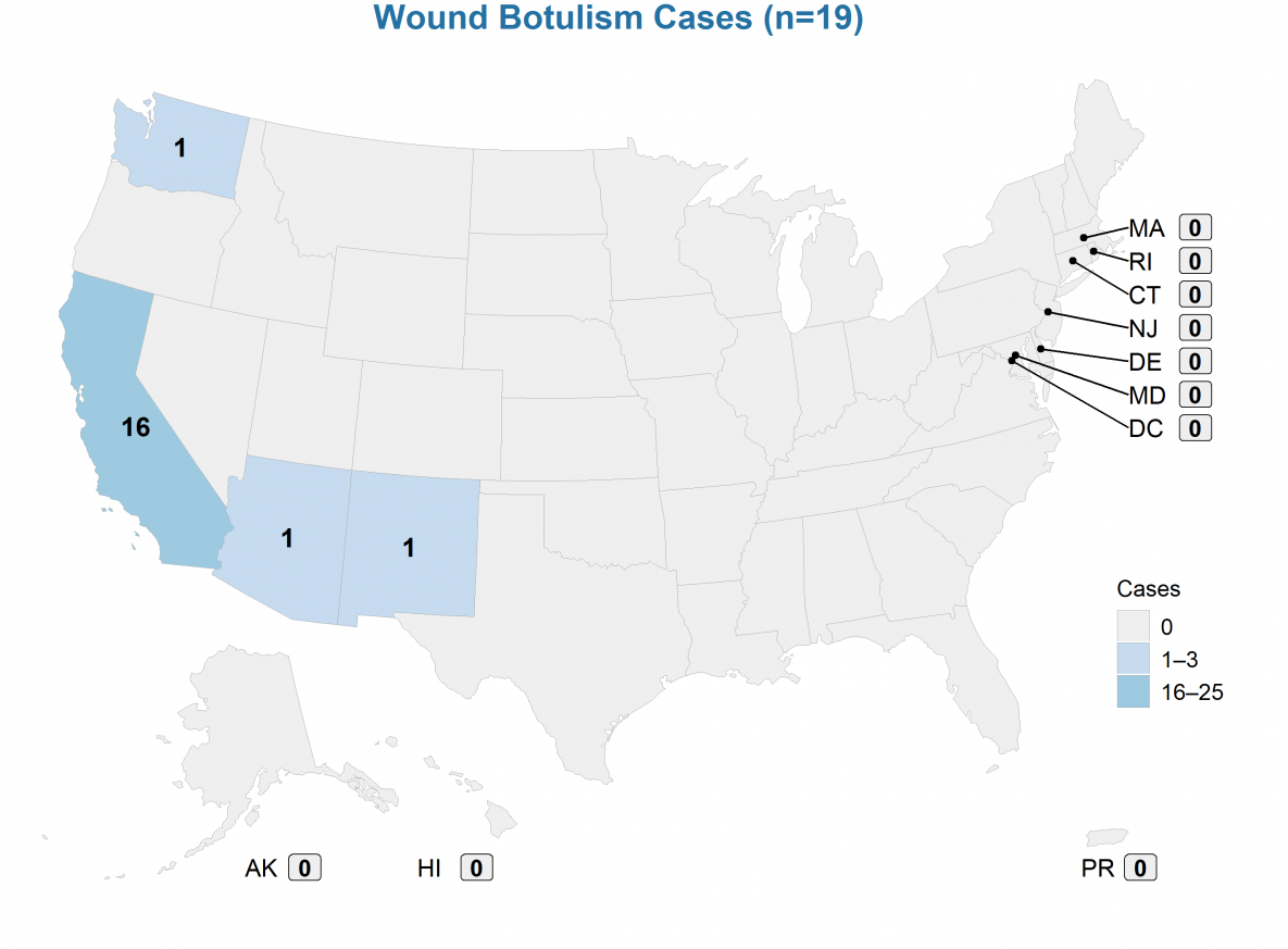 Wound Nineteen wound botulism cases were reported from four states — 16 from California, and 1 each from Arizona, New Mexico, and Washington.