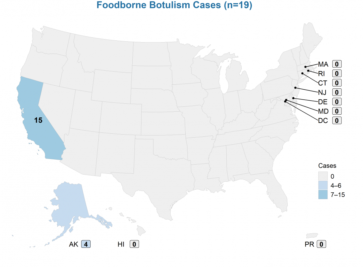 food Foodborne botulism cases were reported from California (n=15) and Alaska (n=4). Among the 15 toxin type A foodborne botulism cases in California, 10 were from an outbreak linked to nacho cheese at a convenience store, 2 were from an outbreak linked to an herbal deer antler tea, 1 was from a suspected soup with bulging lid but was not available testing, and 2 were not linked to a known food source. (1) Among the 4 toxin type E foodborne botulism cases in Alaska, 3 were from an outbreak linked to seal blubber with seal oil, and 1 was linked to dried herring in seal oil