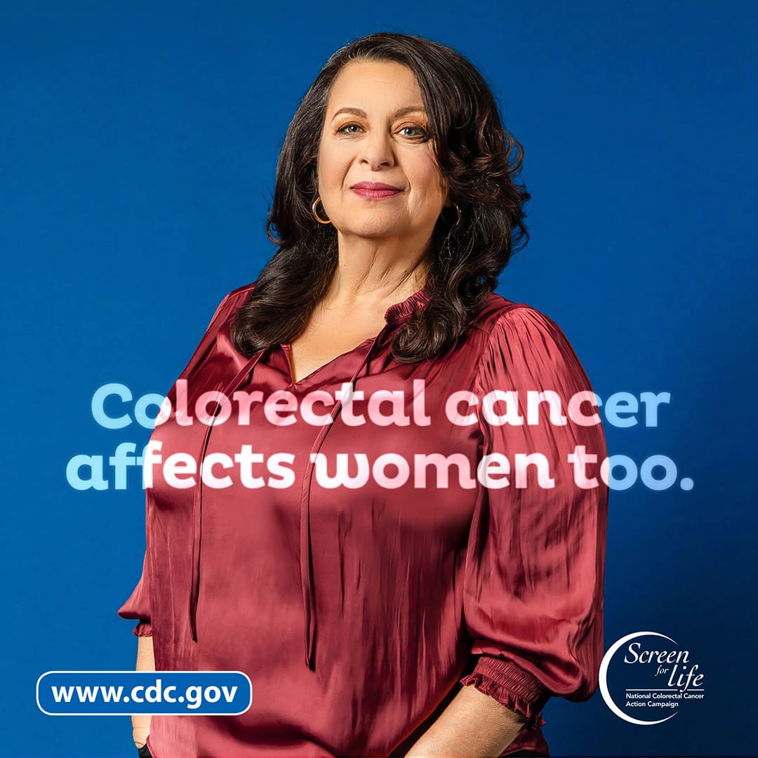 Colorectal cancer affects women too. Photo of a woman with the link to www.cy118119.com and the Screen for Life logo.