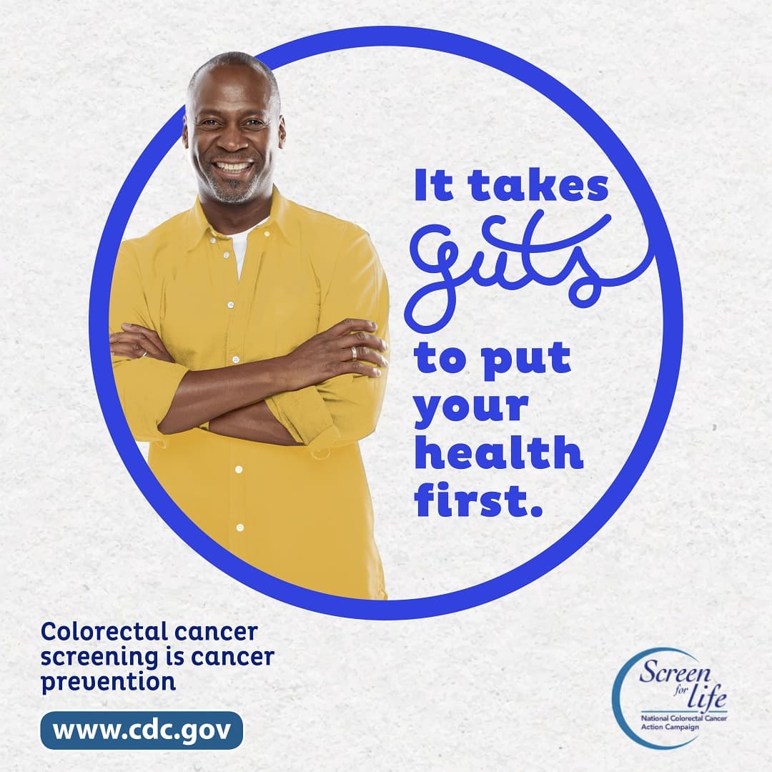 A man standing up next to the phrase "It takes guts to put your health first." Colorectal cancer screening is cancer prevention. www.cy118119.com. Screen for Life.