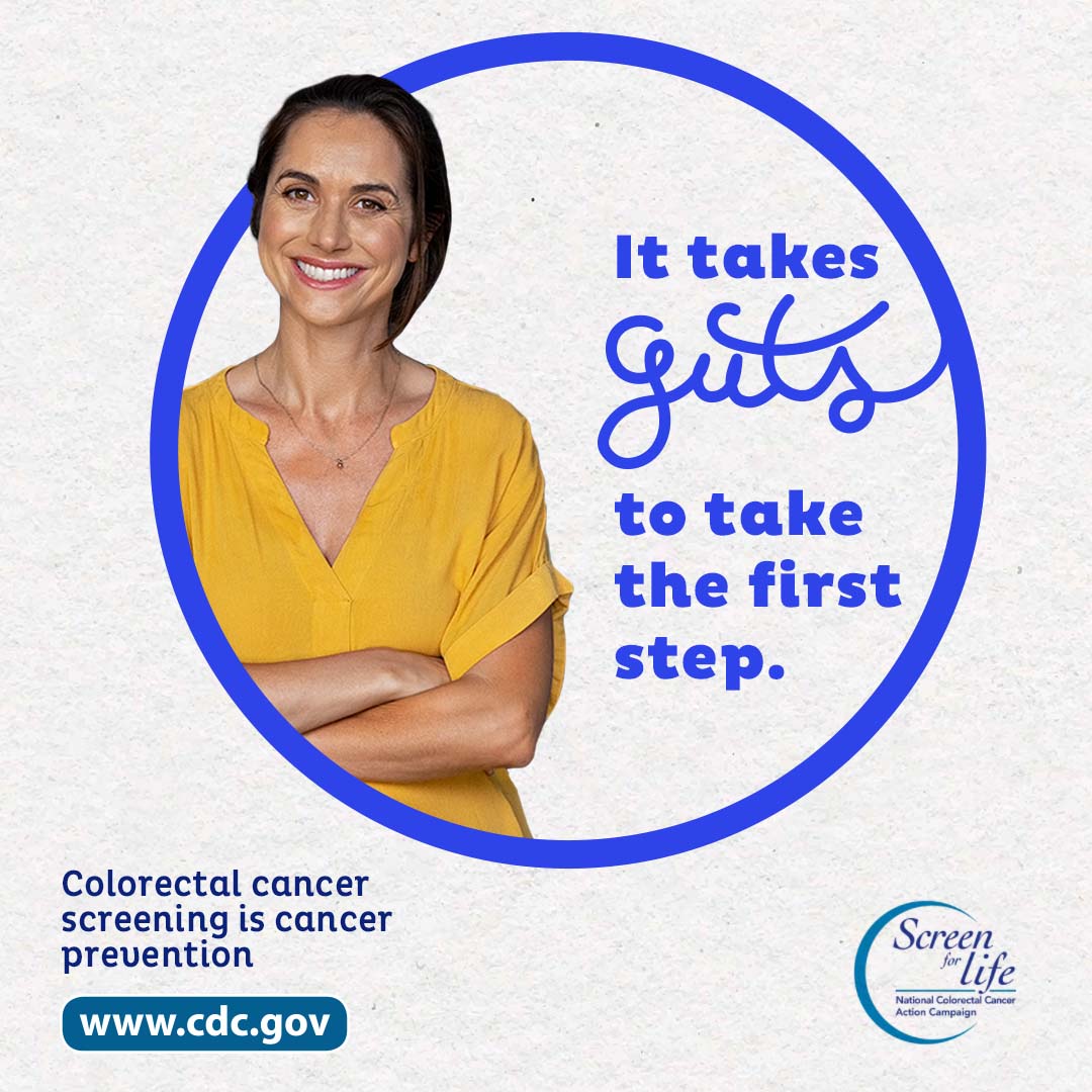 A woman on standing up next to the phrase "It takes guts to put your health first." Colorectal cancer screening is cancer prevention. www.cy118119.com. Screen for Life.