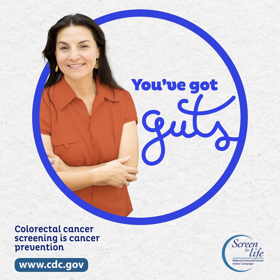 A woman standing up next to the phrase "You’ve got guts." Colorectal cancer screening is cancer prevention. www.cy118119.com. Screen for Life.