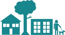 community A community with a house, tree, and glass building