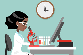 Image of a laboratory technician looking at a tumor under a microscope