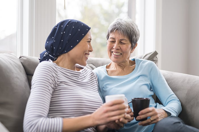 Photo of a cancer patient and her mother drinking coffee