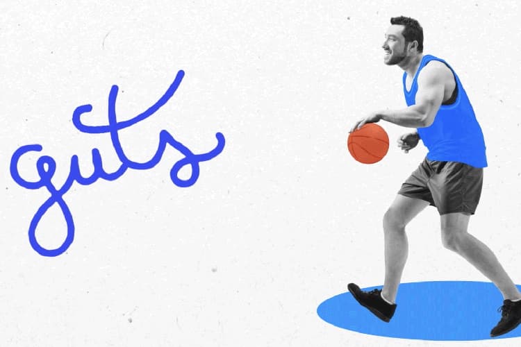 Man dribbling a basketball next to the phrase "It takes guts"