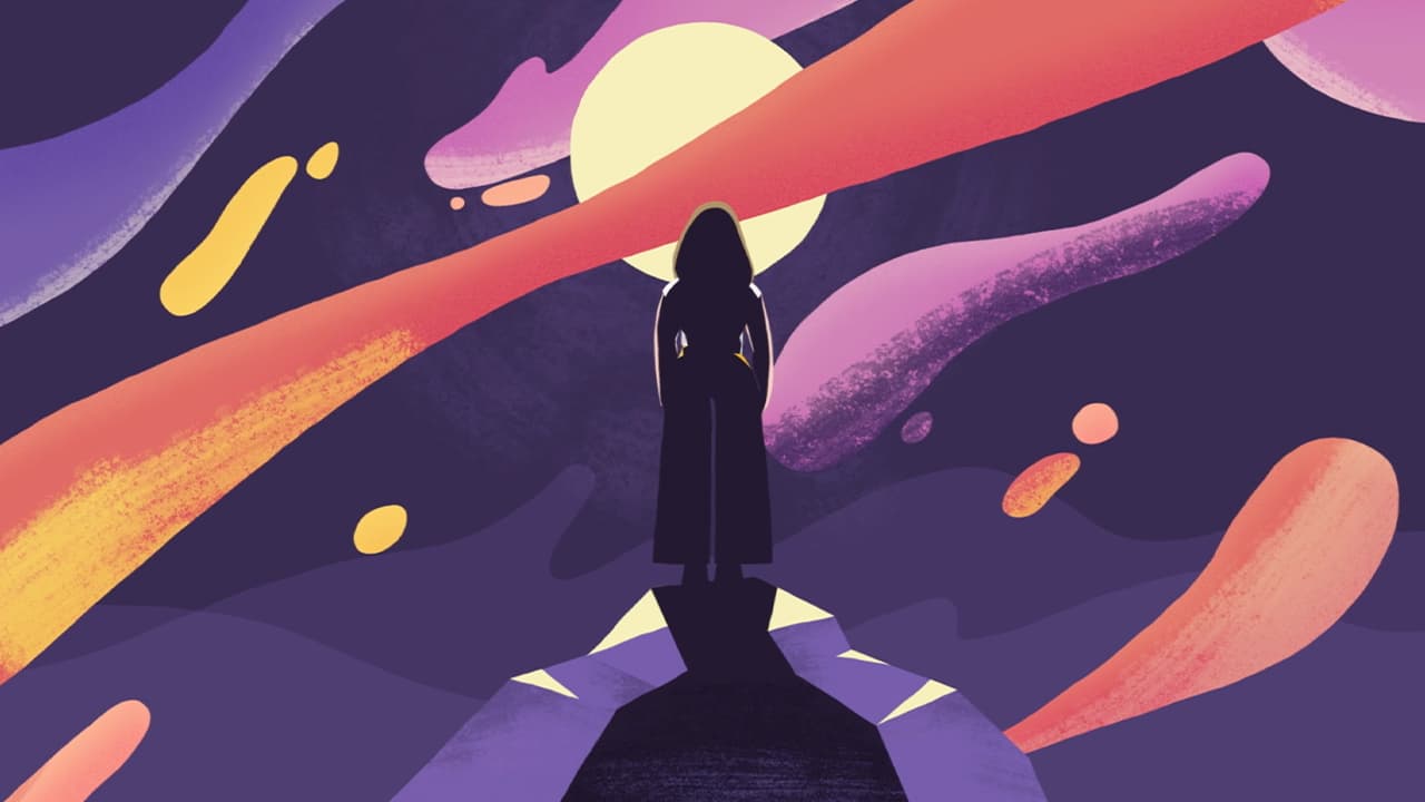 Ana standing on a representative mountain with multiple shapes.