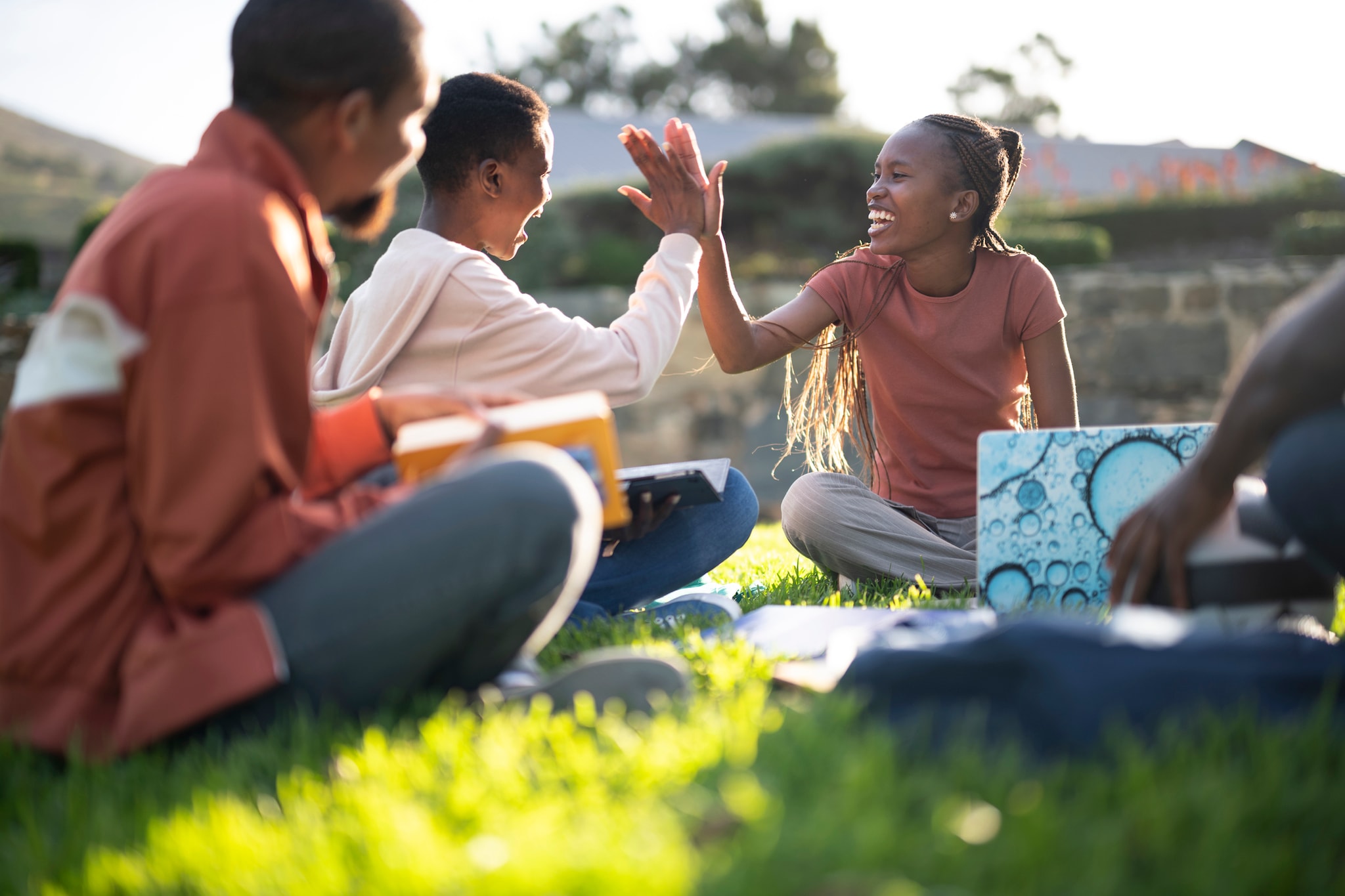 CV People sitting together on the grass outdoors.