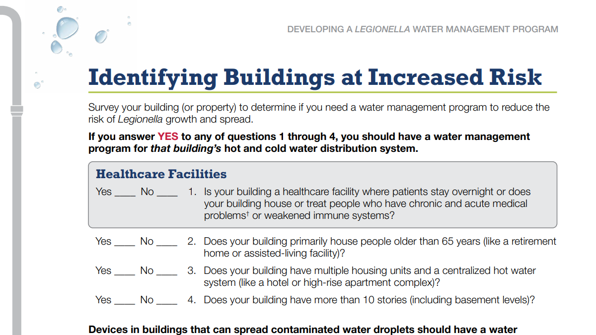 Worksheet in CDC's water management program toolkit Picture of the worksheet to identify buildings at increased risk of Legionella growth and spread.
