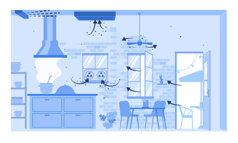 good-ventilation (2) Few virus particles in the air of a living room that's well ventilated