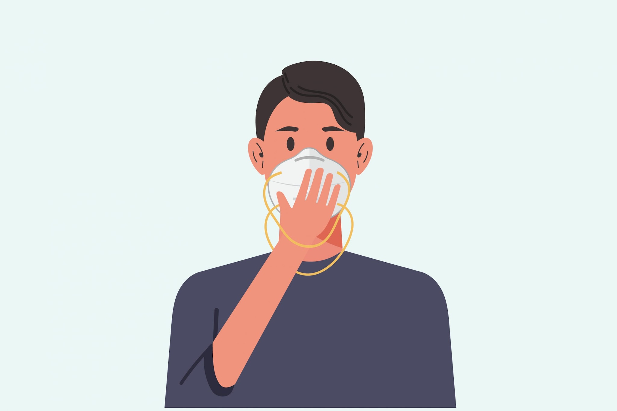 An illustration of a man holding the N95 mask up to his face, with the straps in front of the mask.